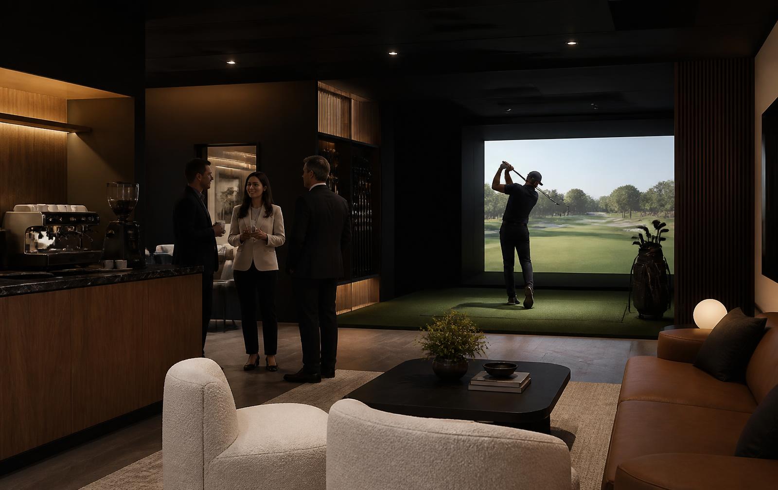 Företagsgäster i lounge på modernt indoor golf performance center med simulator