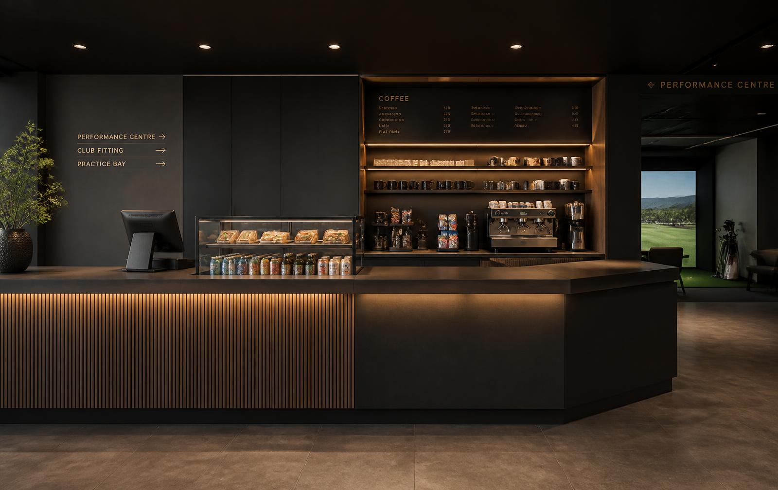 Receptions- och cafédisk i svart och ek med espressomaskin, kaffestation och display med mackor och kalla drycker
