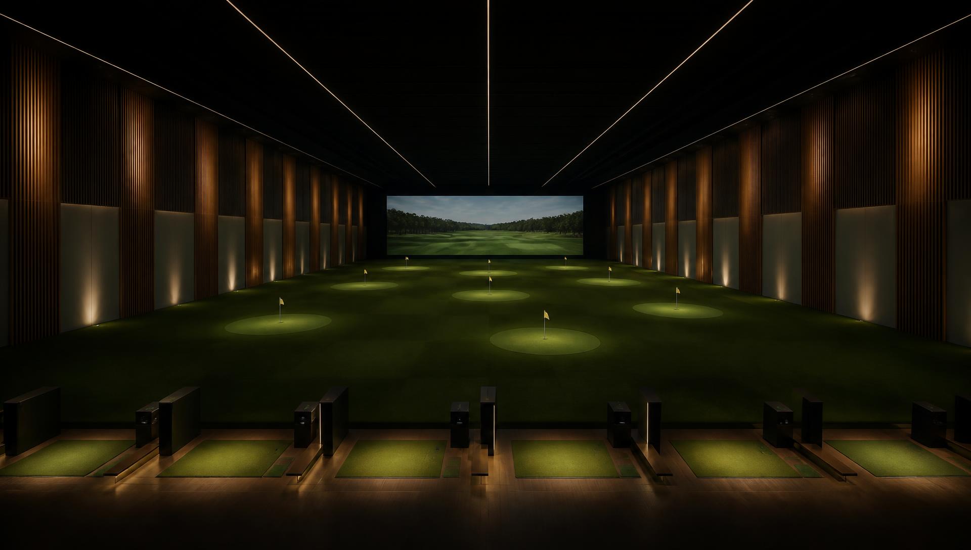 Konceptbild av The Progress indoor range, cirka 16 × 55 meter, med sex slagplatser och målgreener upp till 50 meter